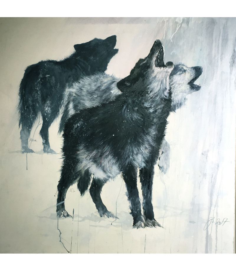 Loups "chorale d'hiver" (timberwolves)_Peinture_Encaustique_Julie_Salmon_Artiste_Animalier_Animal_Art_Gallery_Paris