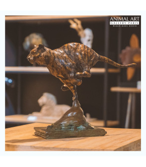 Sculpture bronze petit tigre au galop jump profil Jean-Marc Bodin