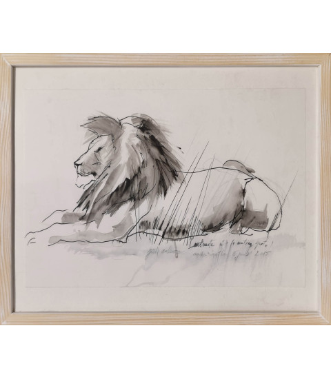 dessin encre sur papier lion encadré - entracte no3 - Julie Salmon_Artiste_Animalier_Animal_Art_Gallery_Paris