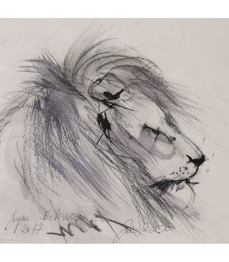 dessin encre sur papier lion - repos a chobe serie les teenagers - Julie Salmon