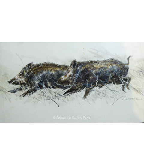 Peinture - Aquarelle - Sangliers - 2 bêtes noires - Estelle Rebottaro - Artiste Animalier contemporain - 1