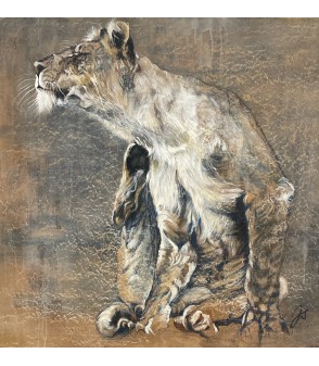 lionne qui se gratte Julie Salmon artiste animalier Animal art gallery paris