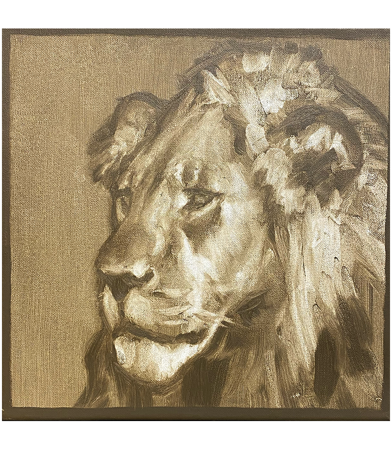 Tête de lion, peinture à l'huile par Igor Ly pour Animal Art Gallery Paris