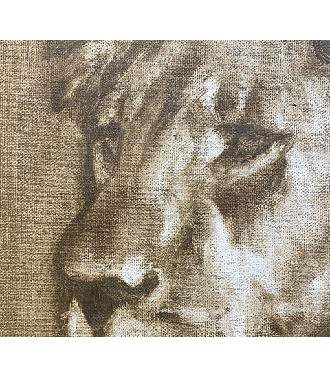 Tête de lion, peinture à l'huile par Igor Ly pour Animal Art Gallery Paris