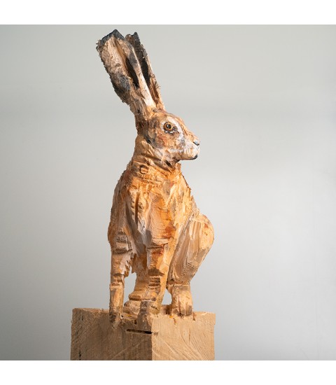 Lièvre, sculpture animalière en bois, par Guillaume Belin pour Animal Art Gallery Paris