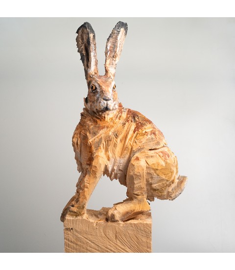 Lièvre, sculpture animalière en bois, par Guillaume Belin pour Animal Art Gallery Paris