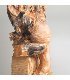 Chimpanzé, sculpture animalière en bois, par Guillaume Belin pour Animal Art Gallery Paris