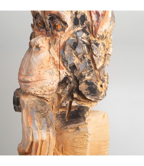 Chimpanzé, sculpture animalière en bois, par Guillaume Belin pour Animal Art Gallery Paris