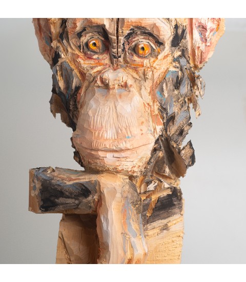 Chimpanzé, sculpture animalière en bois, par Guillaume Belin pour Animal Art Gallery Paris