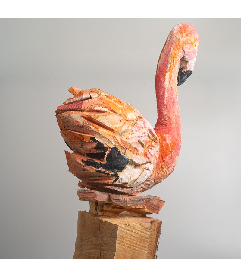 Flamant rose, sculpture animalière en bois, par Guillaume Belin pour Animal Art Gallery Paris