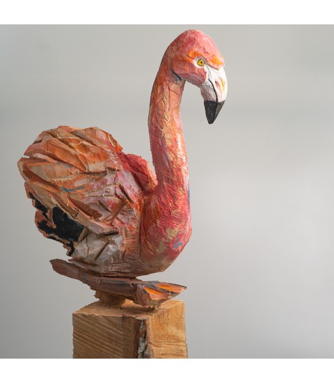 Flamant rose, sculpture animalière en bois, par Guillaume Belin pour Animal Art Gallery Paris