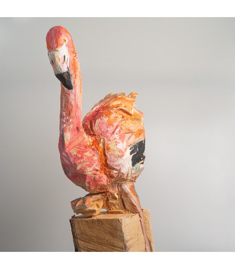 Flamant rose, sculpture animalière en bois, par Guillaume Belin pour Animal Art Gallery Paris