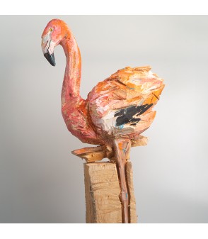 Flamant rose, sculpture animalière en bois, par Guillaume Belin pour Animal Art Gallery Paris