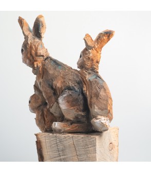 Lapins, sculpture animalière en bois, par Guillaume Belin pour Animal Art Gallery Paris