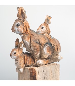 Lapins, sculpture animalière en bois, par Guillaume Belin pour Animal Art Gallery Paris