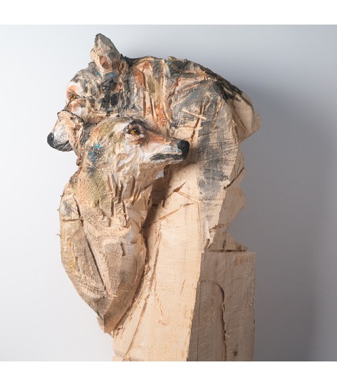 Loups, sculpture animalière en bois, par Guillaume Belin pour Animal Art Gallery Paris