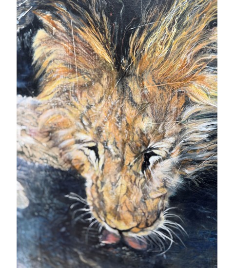 "LE POINT D'EAU" (Deux lions mâles qui boivent) par Julie Salmon pour Animal Art Gallery Paris