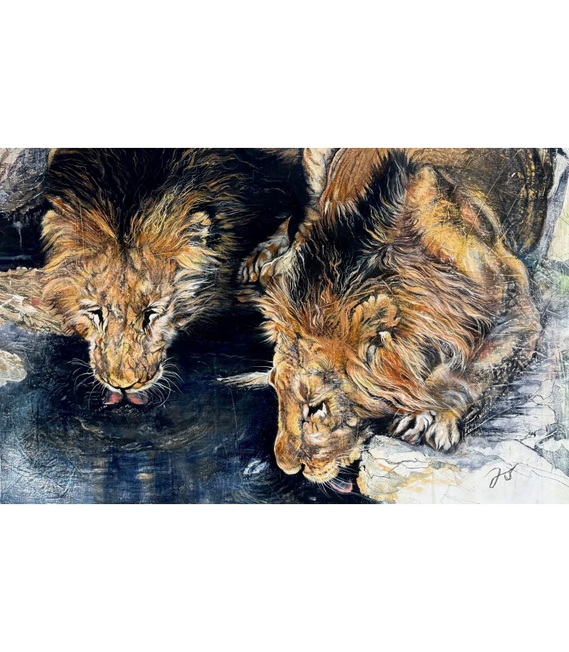 "LE POINT D'EAU" (Deux lions mâles qui boivent) par Julie Salmon pour Animal Art Gallery Paris