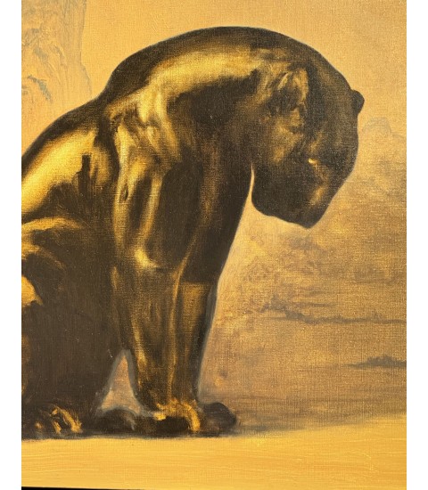 GRANDE PANTHERE NOIRE ASSISE, peinture animalière à l'huile par Igor Ly peintre animalier pour Animal Art Gallery Paris.