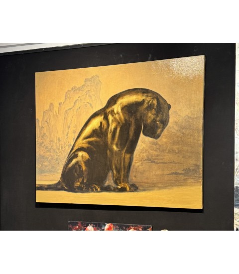 GRANDE PANTHERE NOIRE ASSISE, peinture animalière à l'huile par Igor Ly peintre animalier pour Animal Art Gallery Paris.