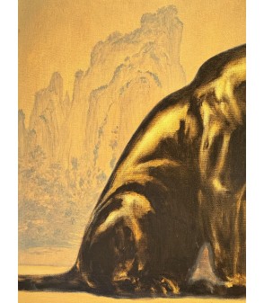 GRANDE PANTHERE NOIRE ASSISE, peinture animalière à l'huile par Igor Ly peintre animalier pour Animal Art Gallery Paris.