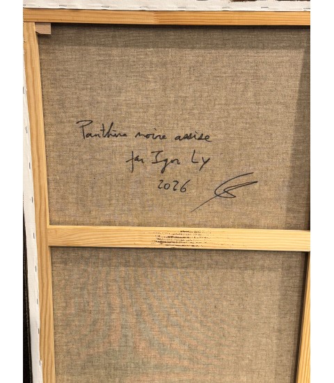 GRANDE PANTHERE NOIRE ASSISE, peinture animalière à l'huile par Igor Ly peintre animalier pour Animal Art Gallery Paris.