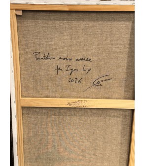 GRANDE PANTHERE NOIRE ASSISE, peinture animalière à l'huile par Igor Ly peintre animalier pour Animal Art Gallery Paris.