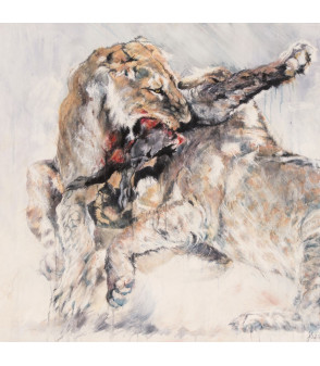 "Bagarre de lionnes"_Peinture_Encaustique_Julie_Salmon_Artiste_Animalier_Animal_Art_Gallery_Paris