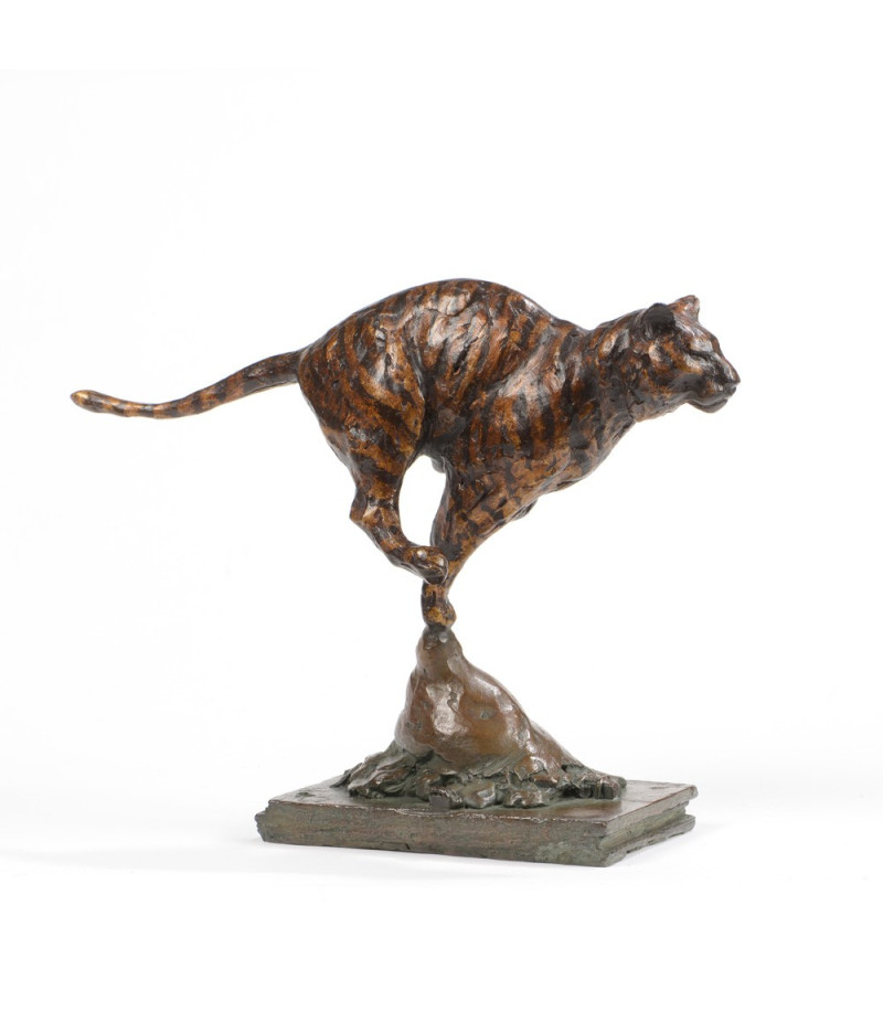 Sculpture bronze petit tigre au galop jump profil Jean-Marc Bodin 1