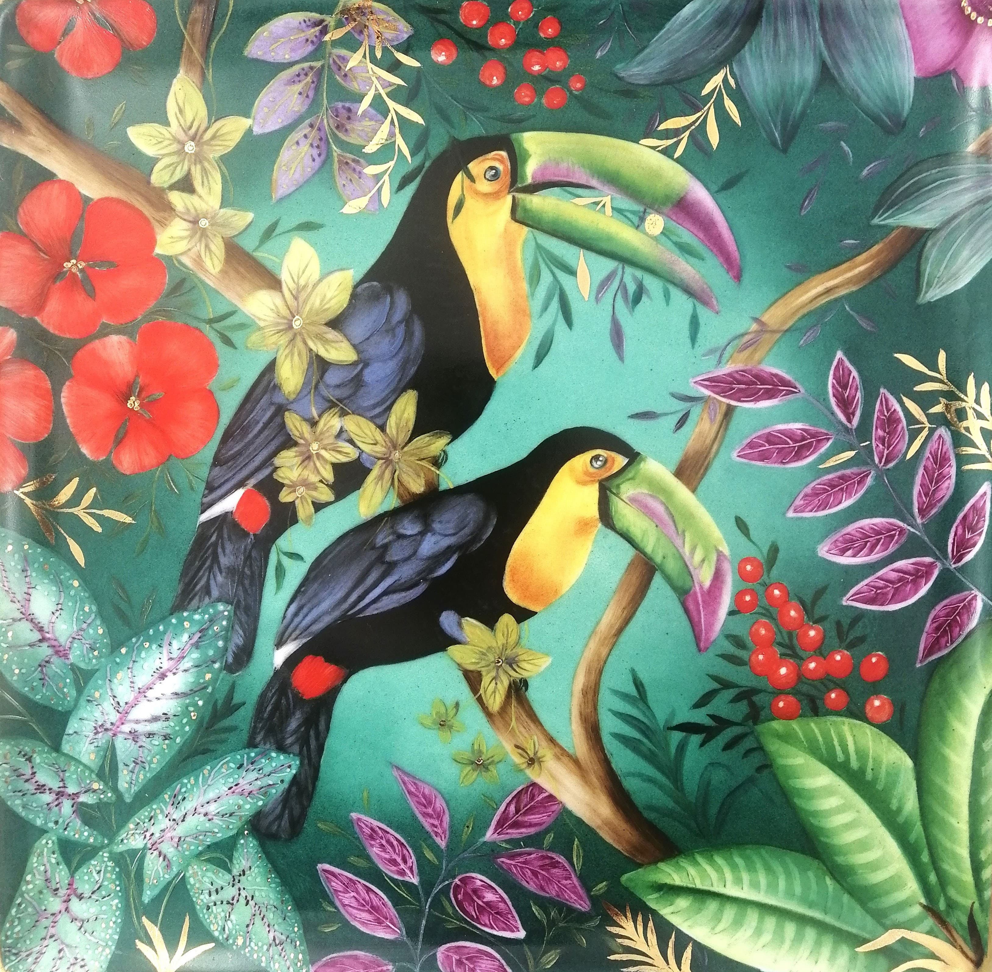 PLATEAU PORCELAINE DE LIMOGES "LES TOUCANS"