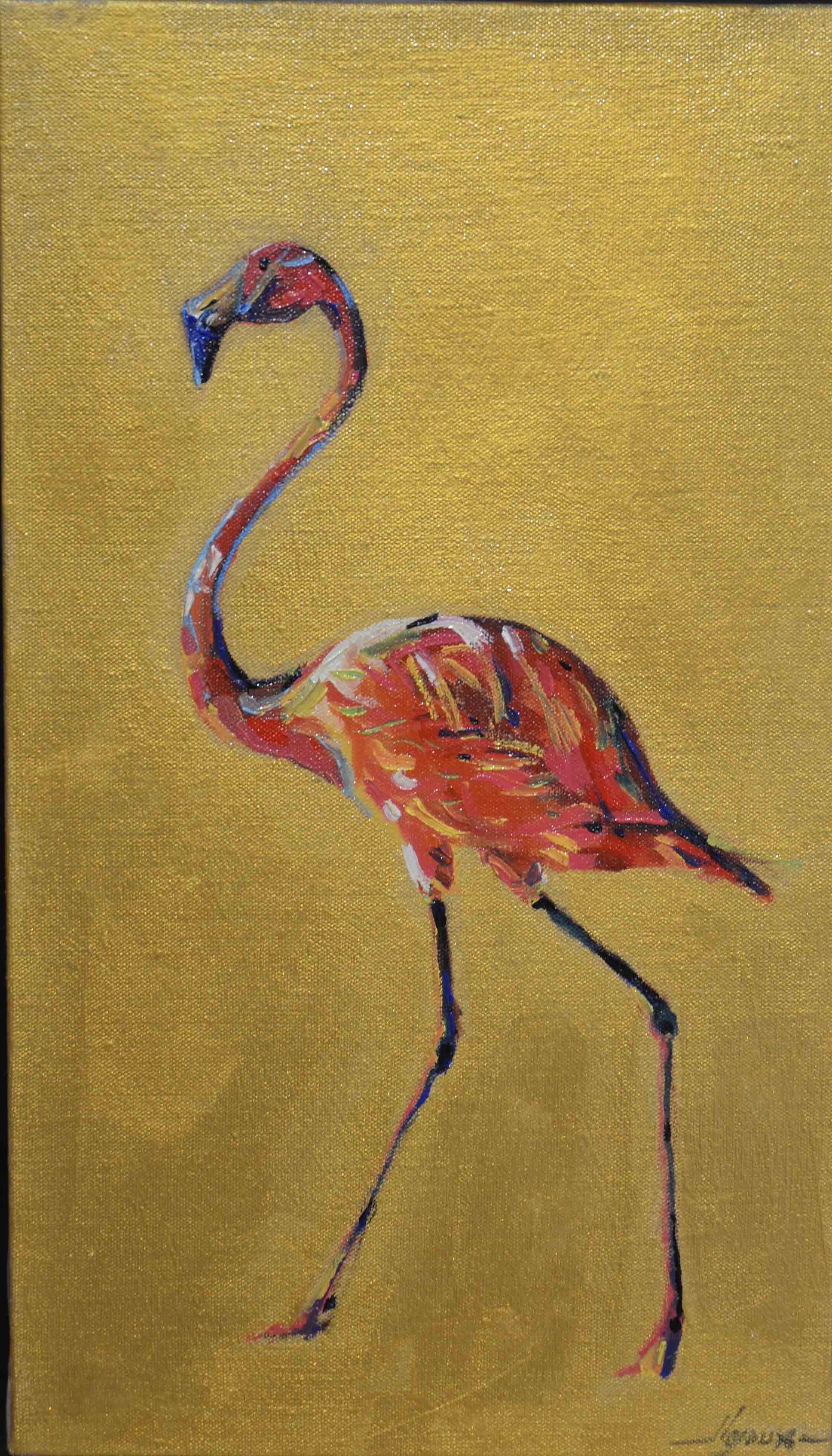 Flamant rose sur fond doré