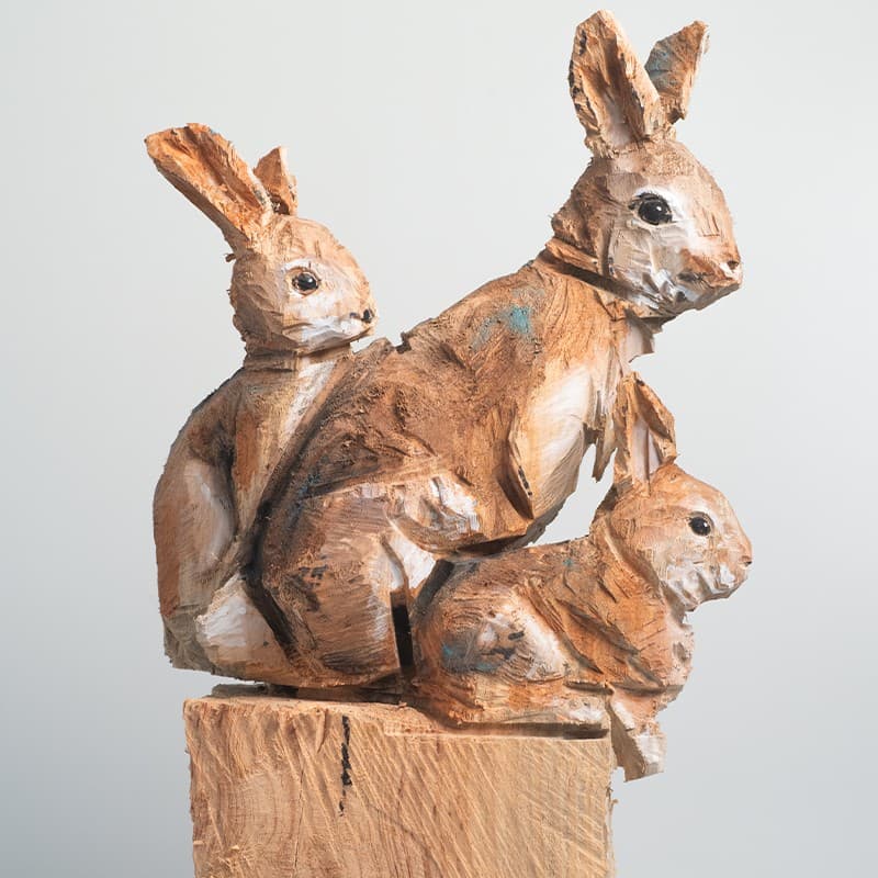 FAMILLE DE LAPINS (sculpture animalière en bois)