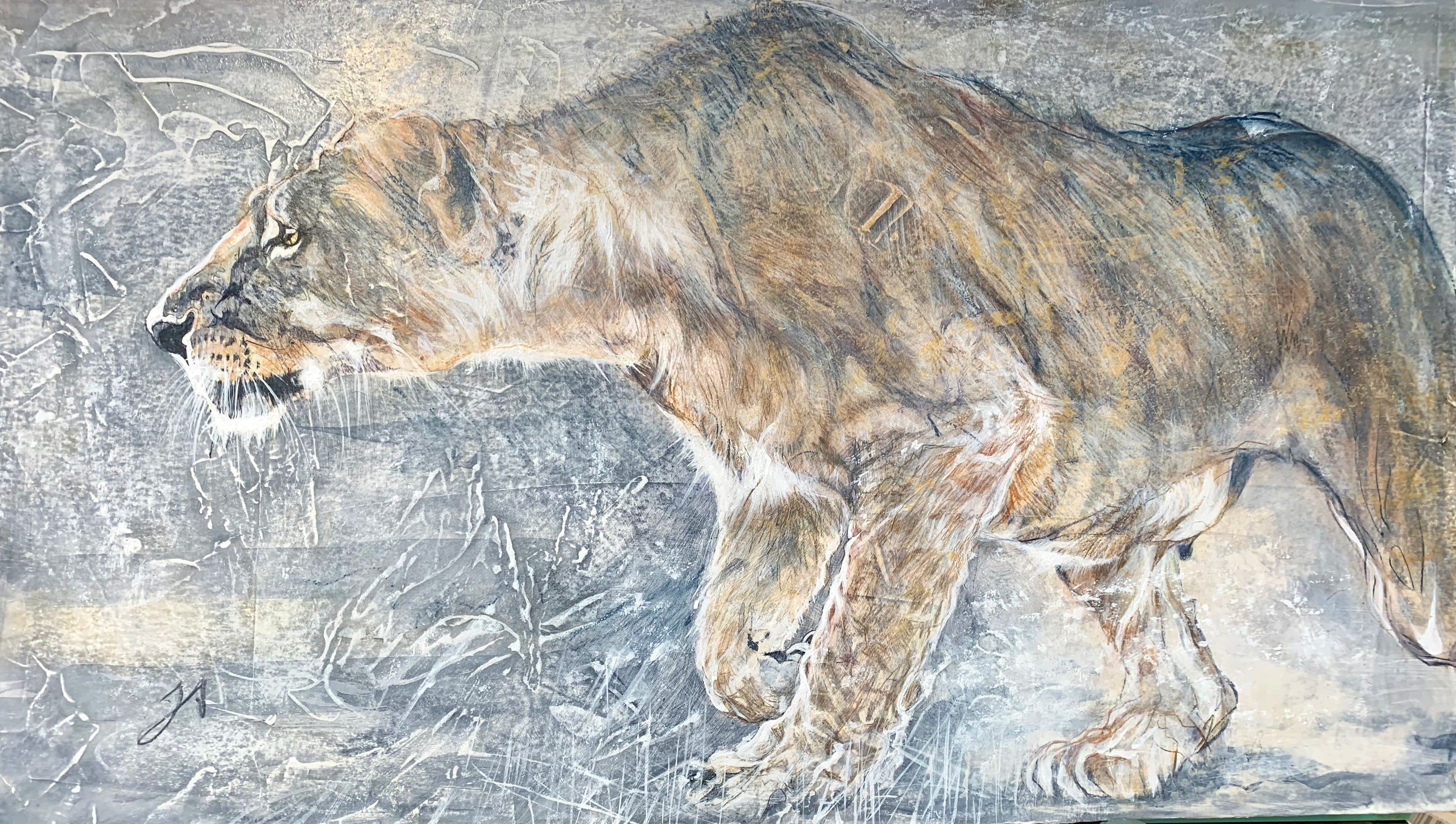 LA TRAQUE (Jeune lionne furtive) - Esquisse